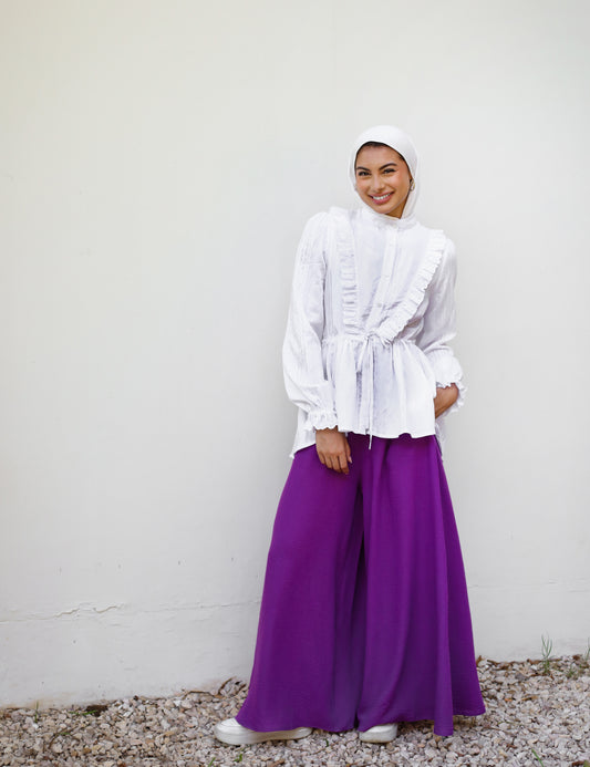 LINEN WIDE LEG PANTS-PURPLE