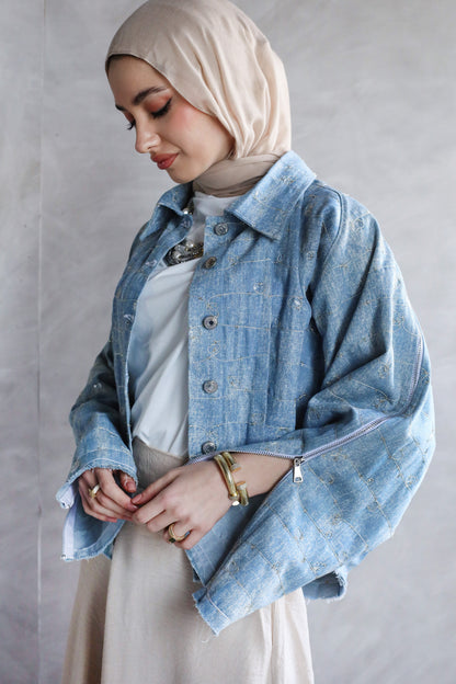 CROPPED EMBROIDERED ZIPPER DENIM JACKET