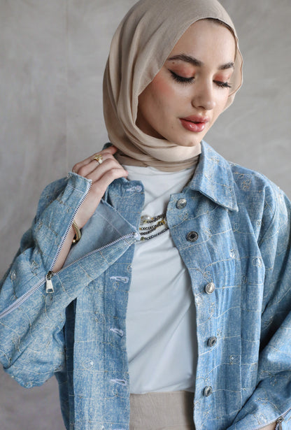 CROPPED EMBROIDERED ZIPPER DENIM JACKET