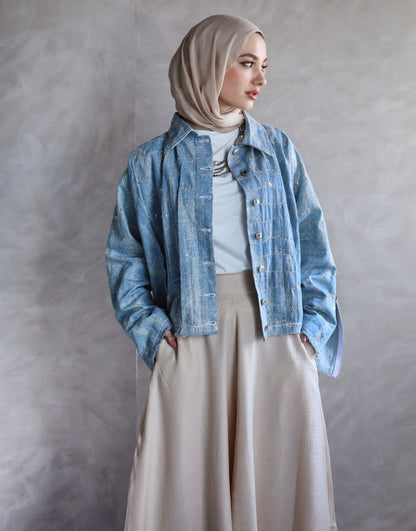 CROPPED EMBROIDERED ZIPPER DENIM JACKET