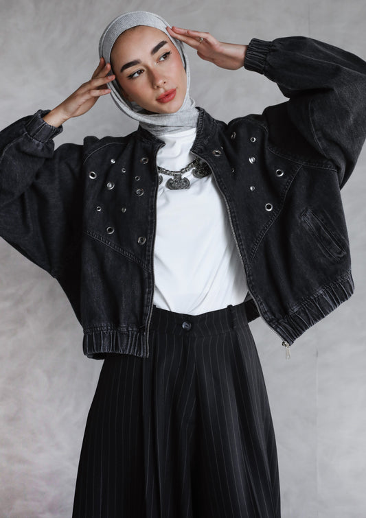 BOMBER EYELITE DENIM JACKET-BLACK