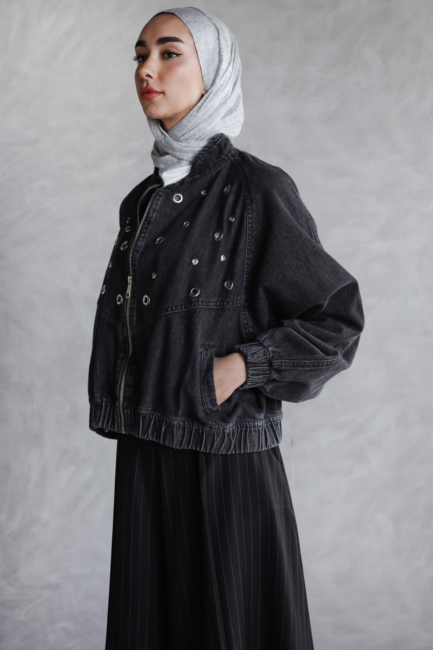 BOMBER EYELITE DENIM JACKET-BLACK