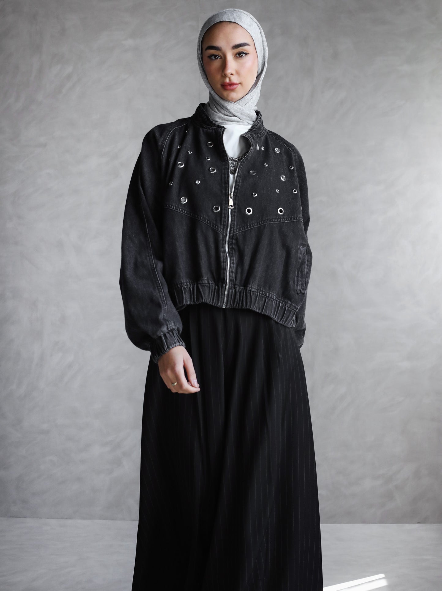 BOMBER EYELITE DENIM JACKET-BLACK