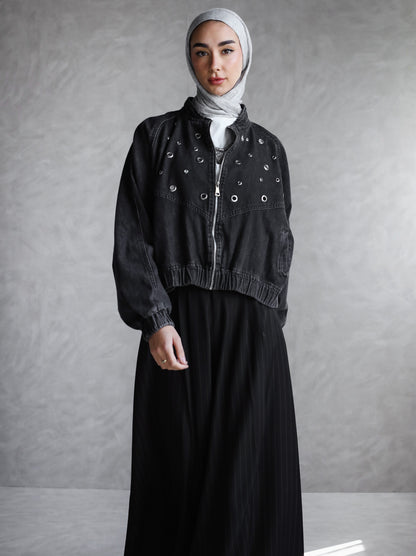 BOMBER EYELITE DENIM JACKET-BLACK