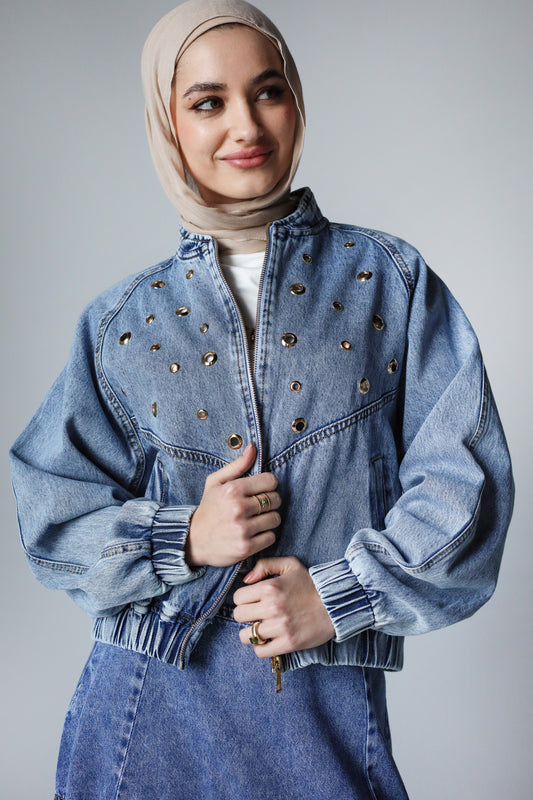 BOMBER EYELITE DENIM JACKET-LIGHT BLUE