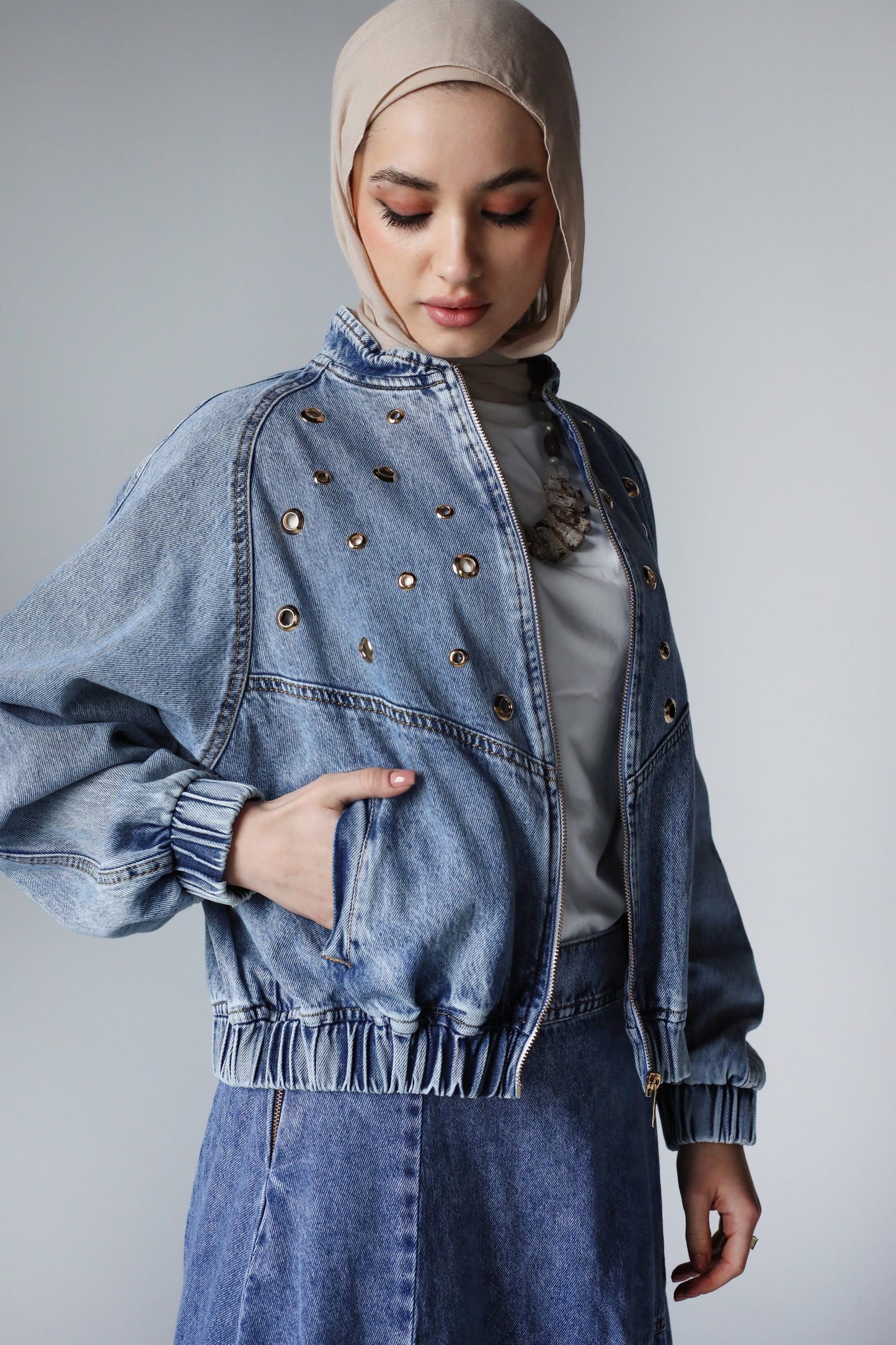 BOMBER EYELITE DENIM JACKET-LIGHT BLUE