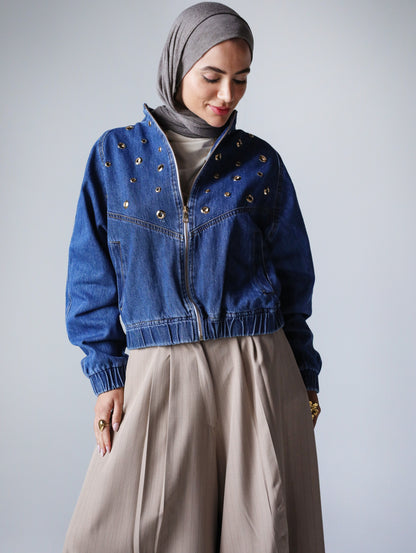 BOMBER EYELITE DENIM JACKET-DARK BLUE