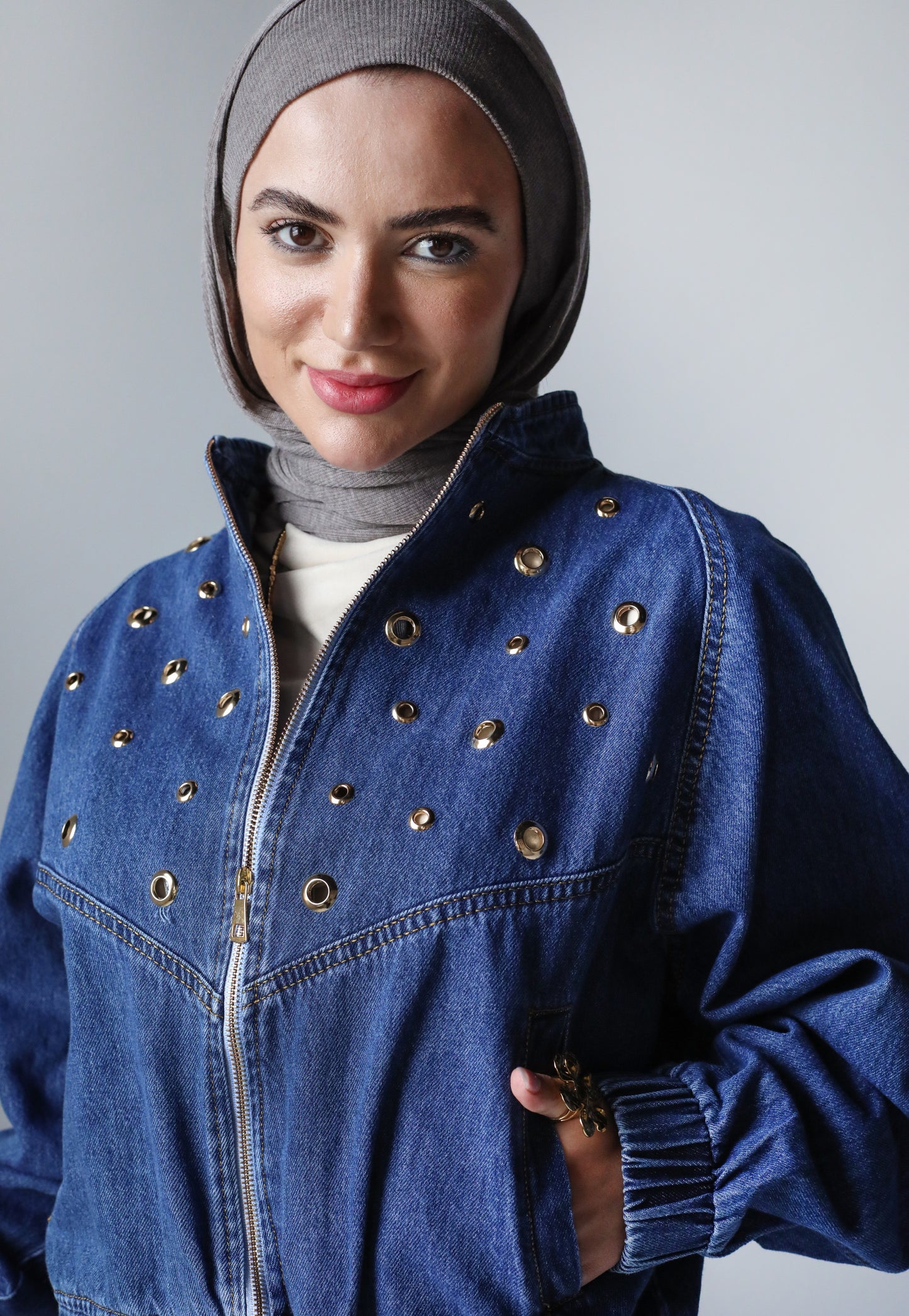BOMBER EYELITE DENIM JACKET-DARK BLUE