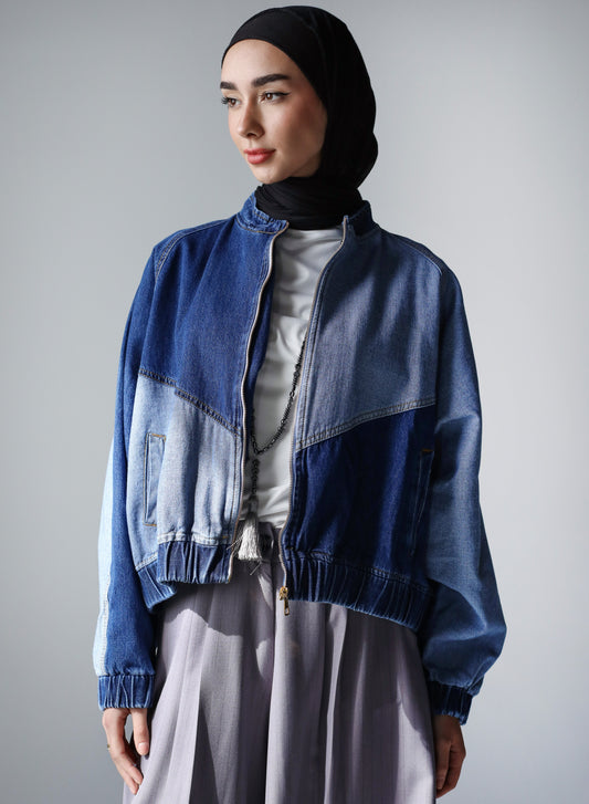 MIXED COMBINATION DENIM JACKET-DARK BLUE