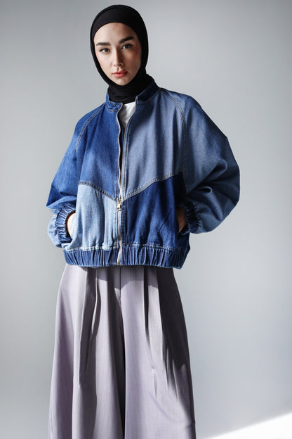 MIXED COMBINATION DENIM JACKET-DARK BLUE