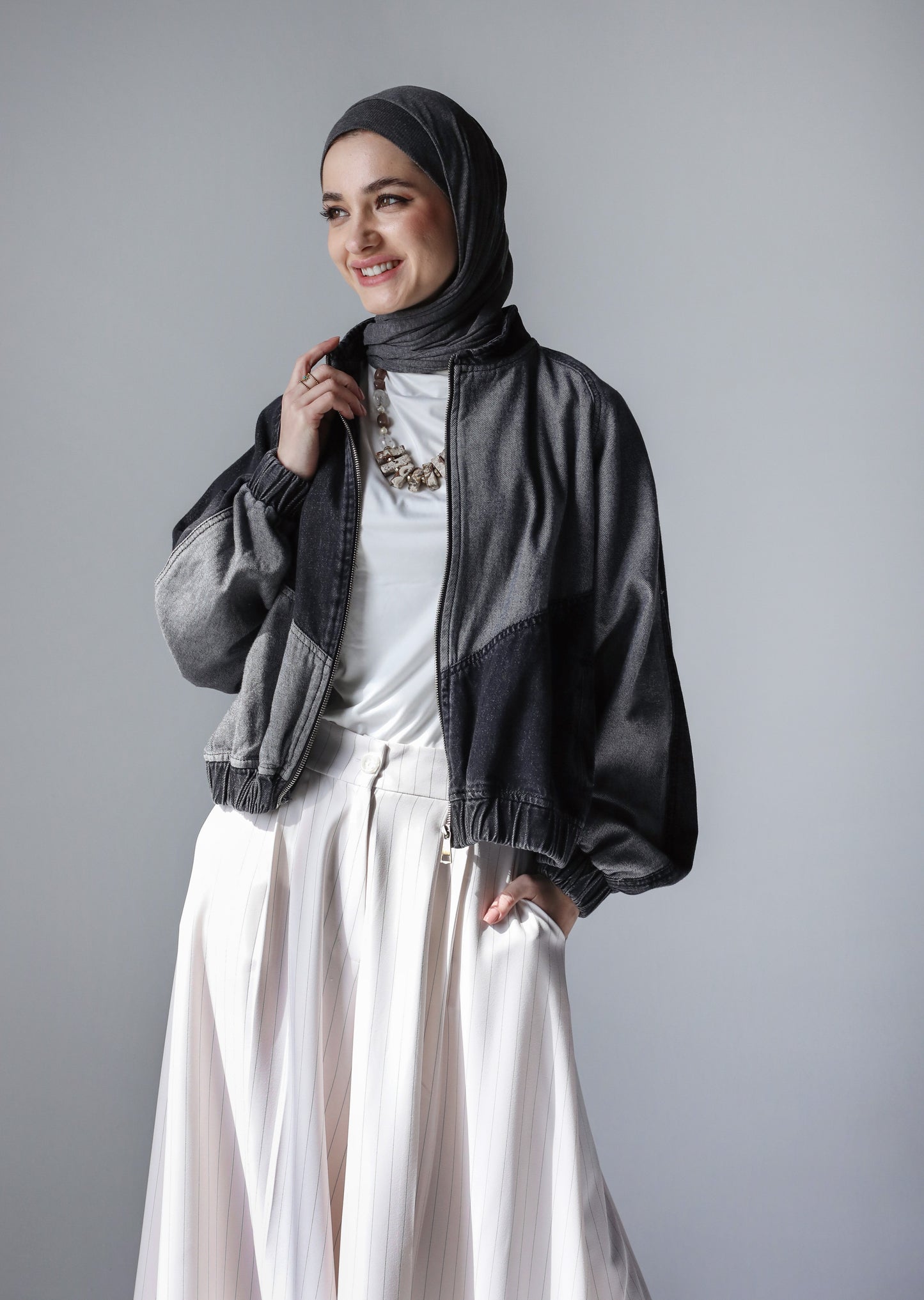 MIXED COMBINATION DENIM JACKET-BLACK