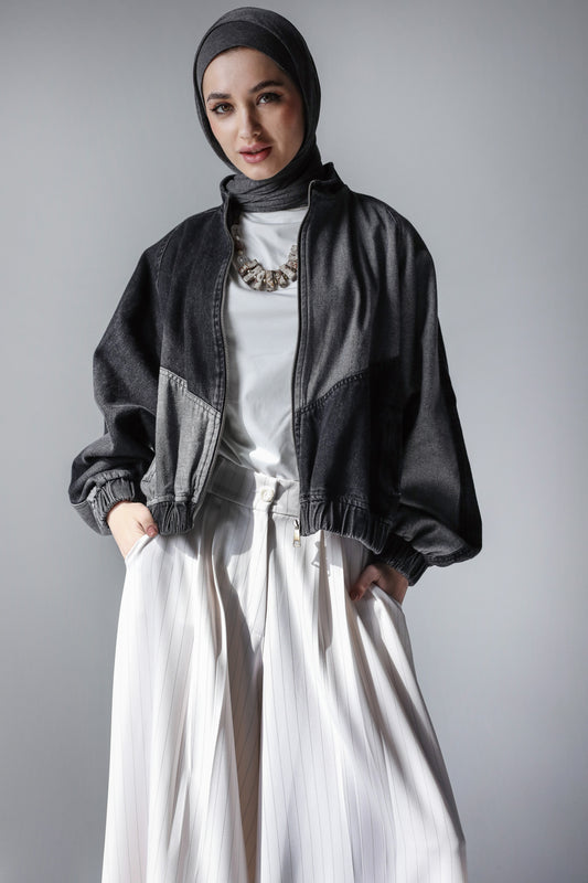 MIXED COMBINATION DENIM JACKET-BLACK