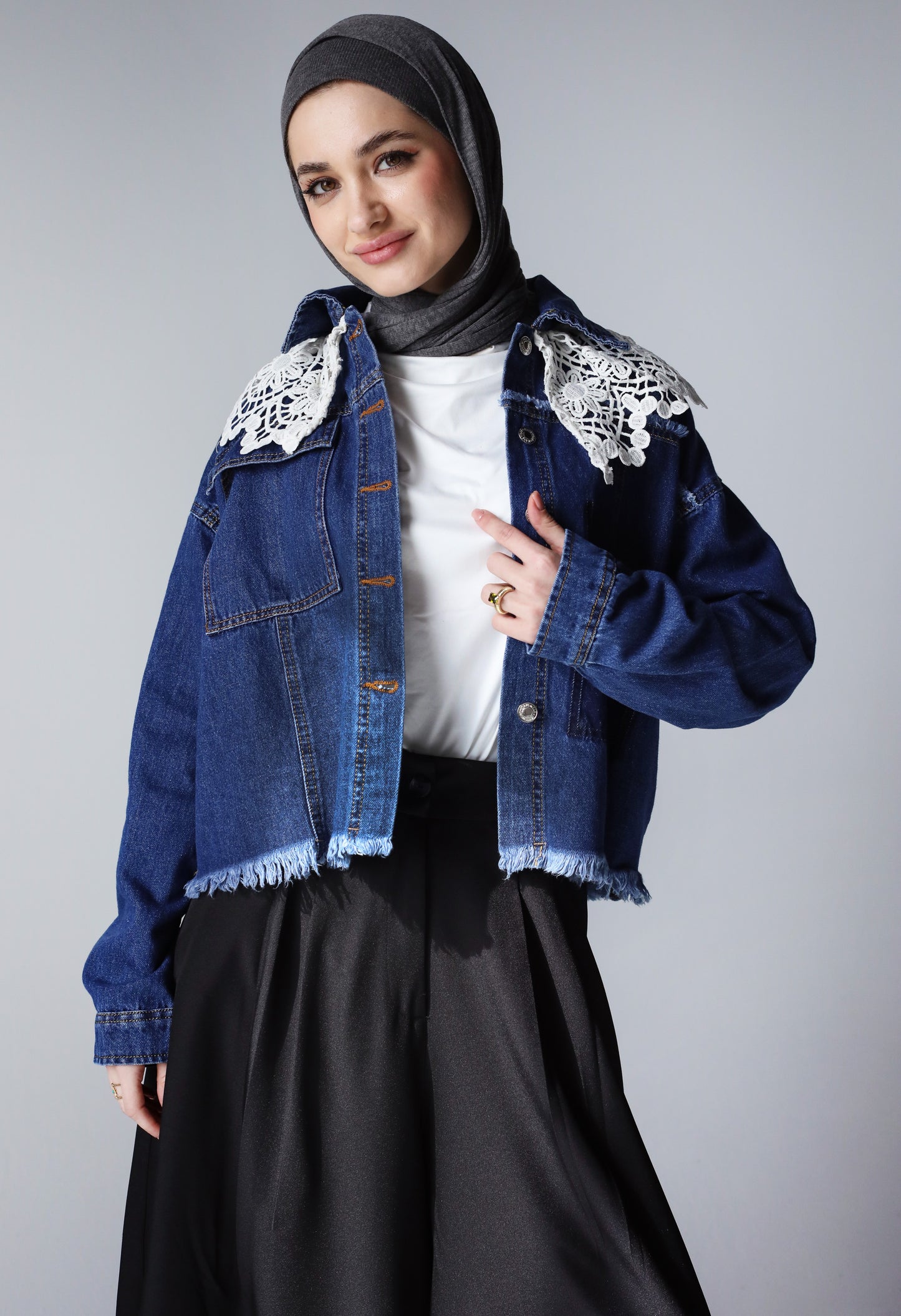 COLLAR CROPPED DENIM JACKET-DARK BLUE