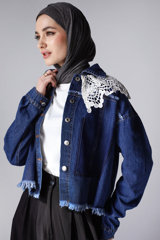 COLLAR CROPPED DENIM JACKET-DARK BLUE