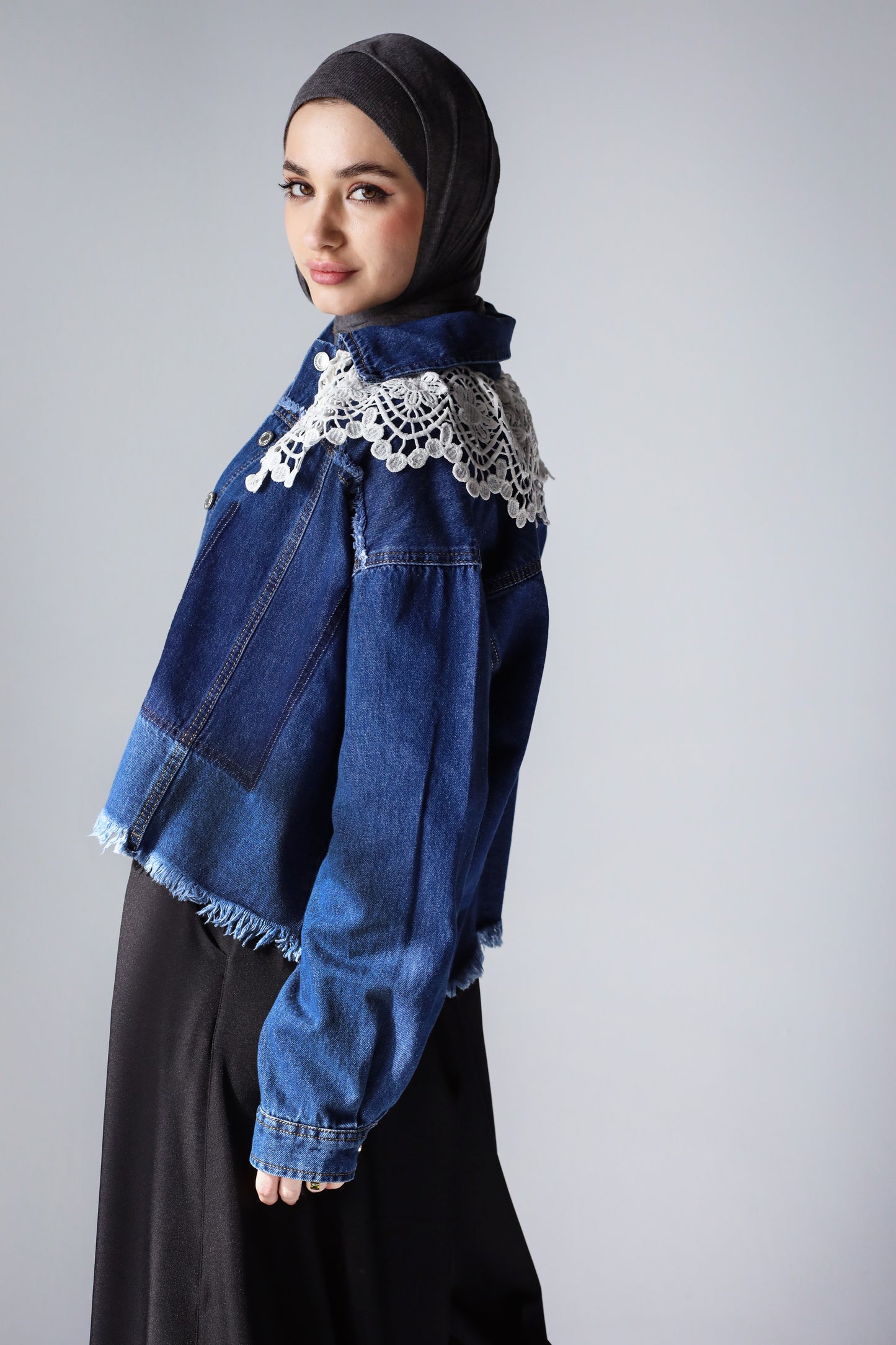 COLLAR CROPPED DENIM JACKET-DARK BLUE