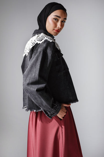 COLLAR CROPPED DENIM JACKET-BLACK