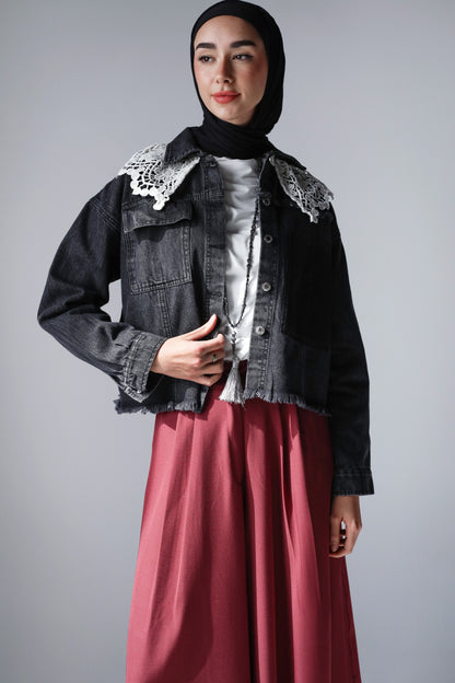 COLLAR CROPPED DENIM JACKET-BLACK