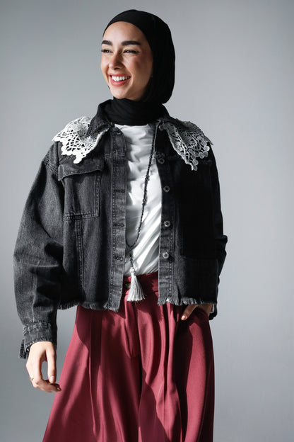 COLLAR CROPPED DENIM JACKET-BLACK