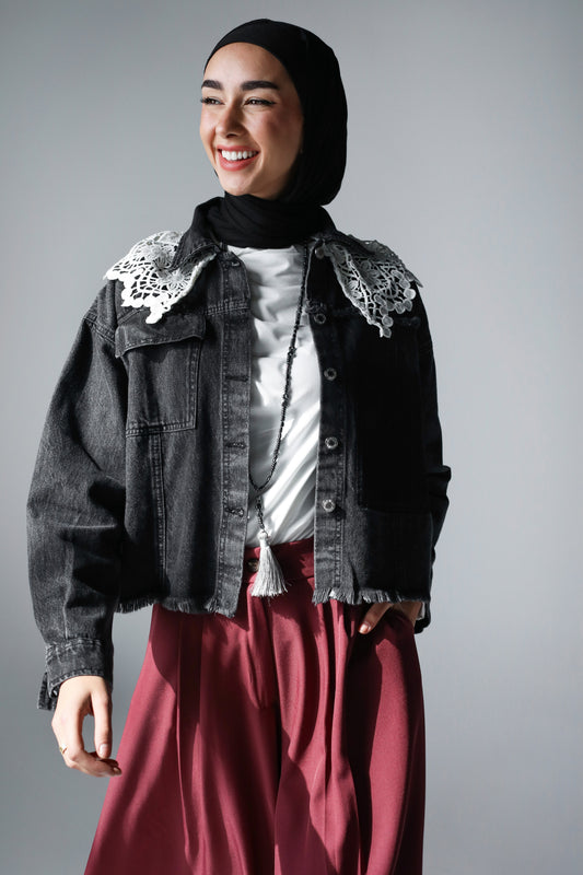 COLLAR CROPPED DENIM JACKET-BLACK