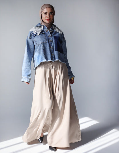 COLLAR CROPPED DENIM JACKET - LIGHT BLUE