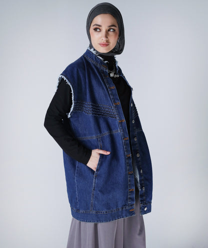 SLEEVELESS DENIM JACKET-DARK BLUE