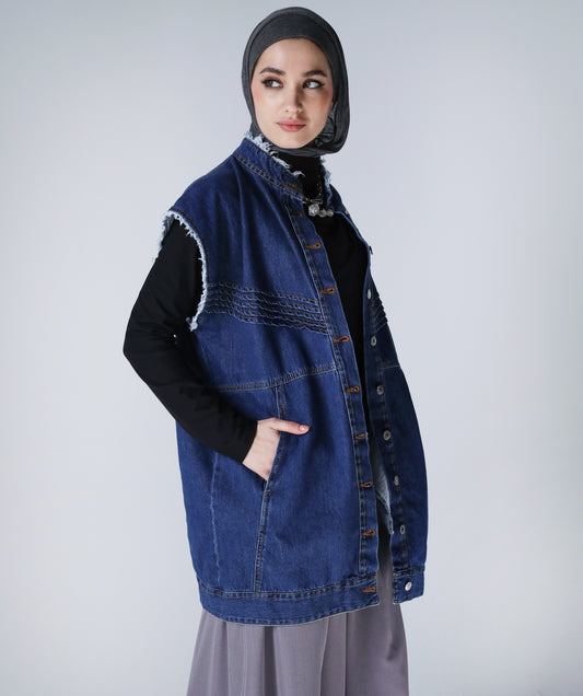 SLEEVELESS DENIM JACKET-DARK BLUE