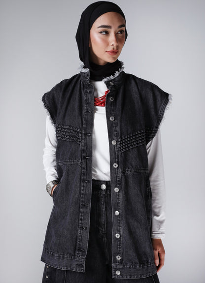 SLEEVELESS DENIM JACKET-BLACK
