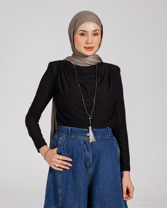 SHOULDER PADDED DRAPED TOP-BLACK