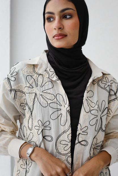 LONG EMBROIDERED LINEN BLOUSE-BEIGE
