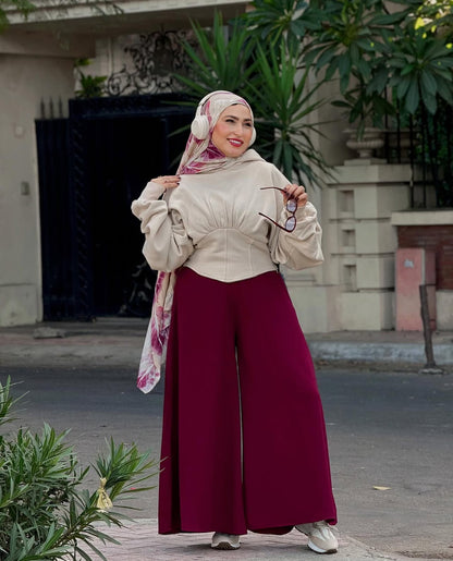 CREPE WIDE LEG PANTS-BURGANDY