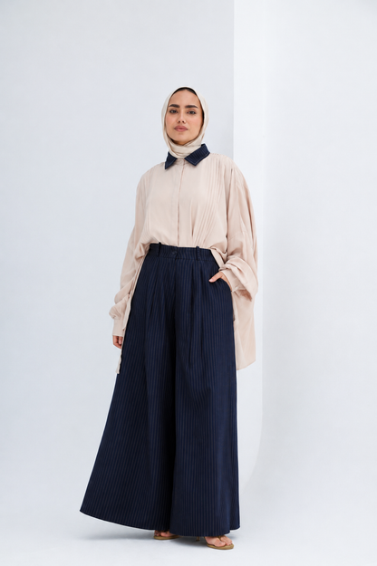 STRIPPED WIDE LEG PANTS -NAVY BLUE