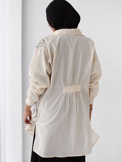 LONG EMBROIDERED LINEN BLOUSE-BEIGE