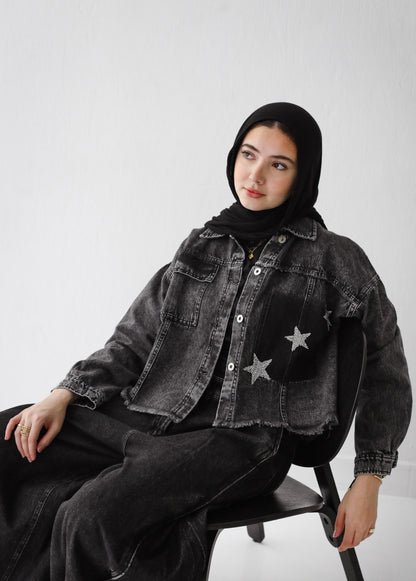 STRASS CROPPED DENIM JACKET-DARK GRAY