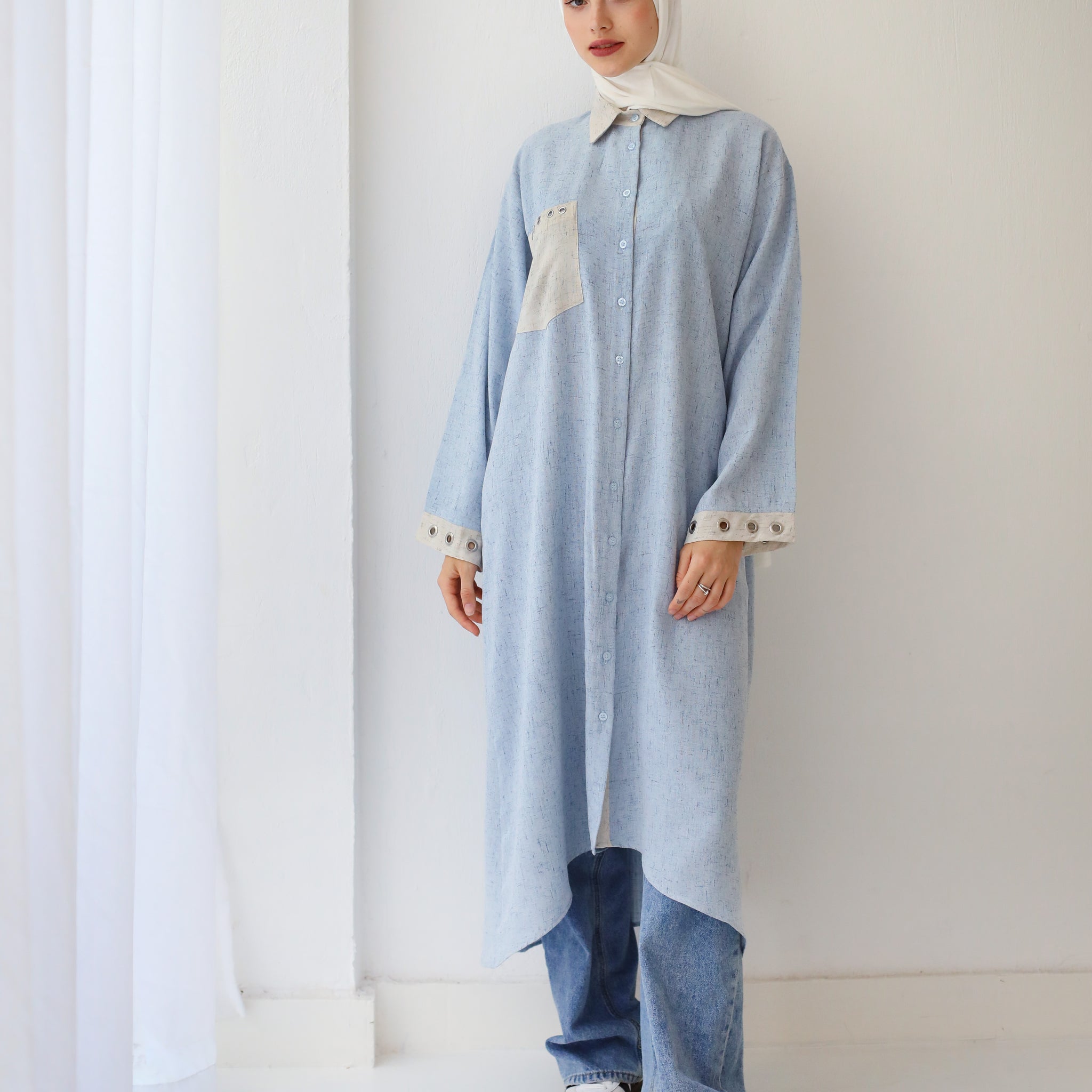 LONG LINEN EYELET SHIRT BLUE