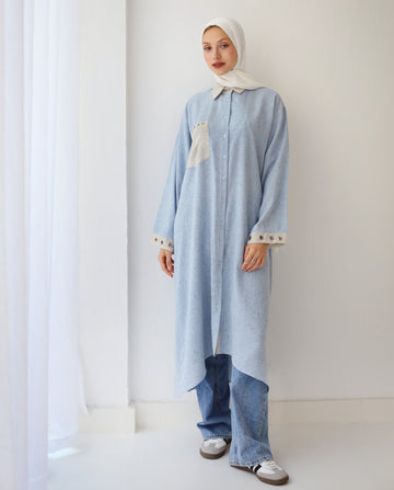 LONG LINEN EYELET SHIRT BLUE