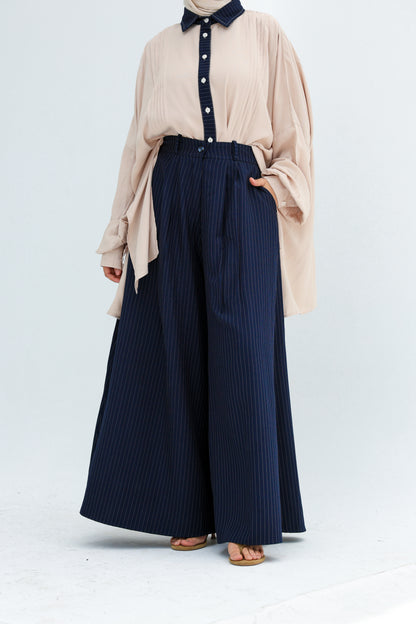 STRIPPED WIDE LEG PANTS -NAVY BLUE
