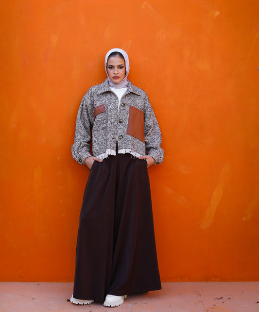 SUEDE CREPE WIDE LEG PANTS - BROWN