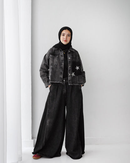 STRASS CROPPED DENIM JACKET-DARK GRAY