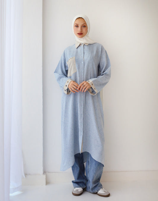 LONG LINEN EYELET SHIRT BLUE