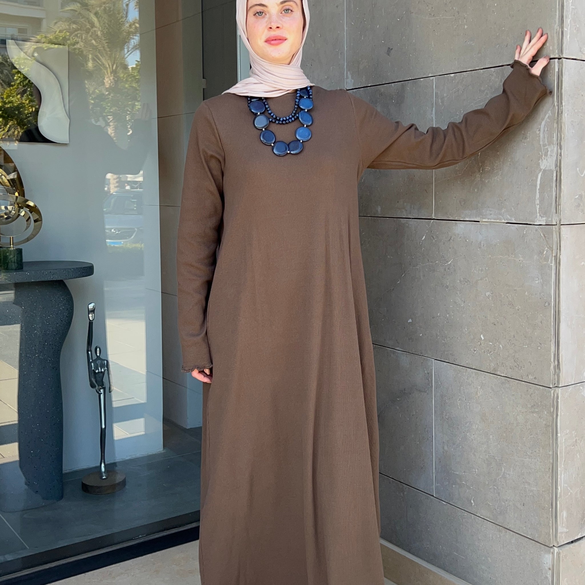 BASIC RIB DRESS-BROWN