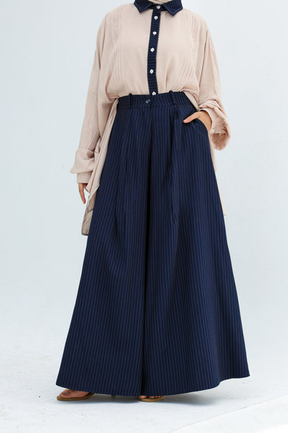 STRIPPED WIDE LEG PANTS -NAVY BLUE