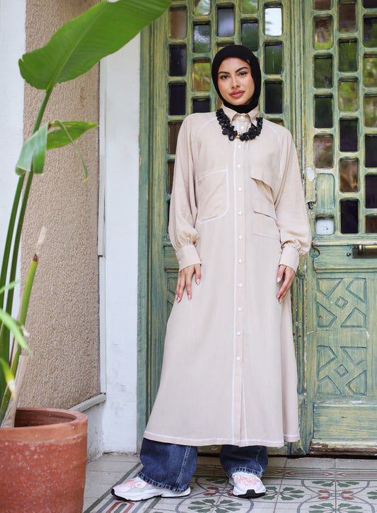 LONG COTTON SHIRT-BEIGE