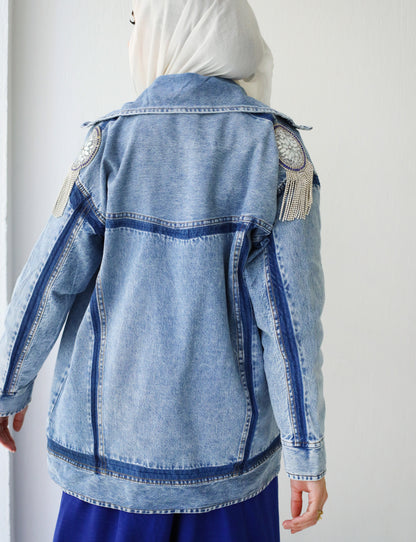 OVERSIZE STRASS LONG DENIM JACKET-LIGHT BLUE