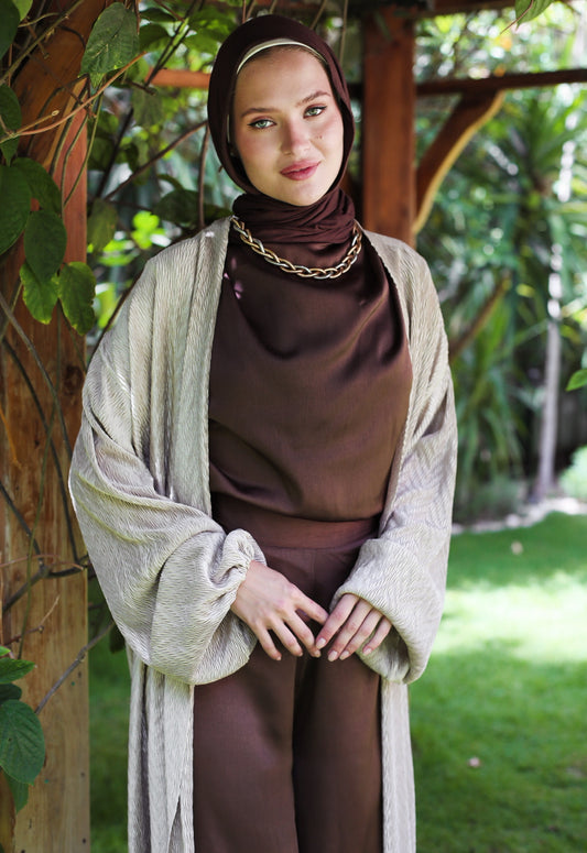 SATIN DRAPEH TOP-BROWN