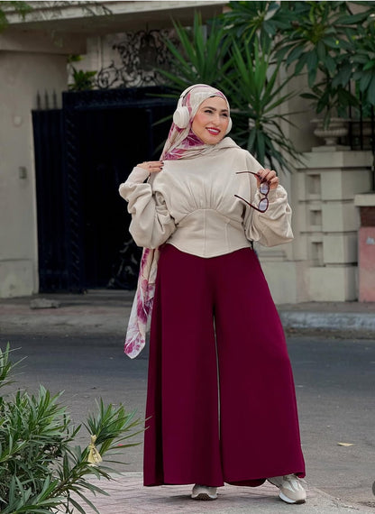 SUEDE CREPE WIDE LEG PANTS - BURGANDY