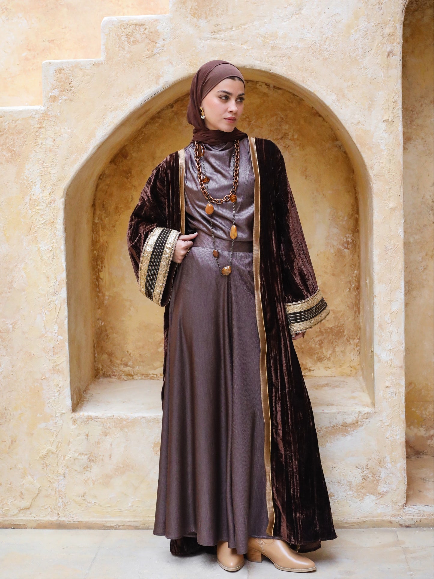 SATIN WIDE LEG PANTS - BROWN