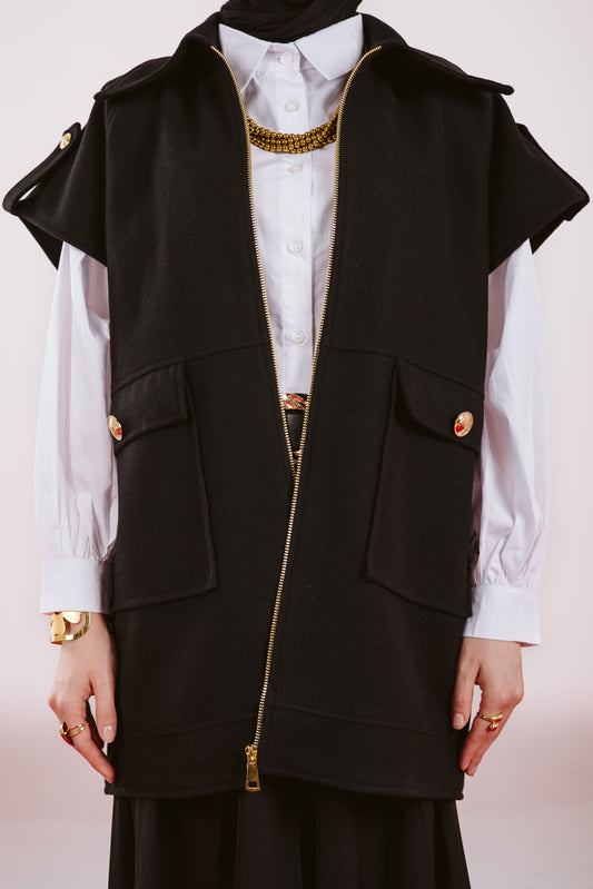 SLEEVELESS WOOL JACKET-BLACK