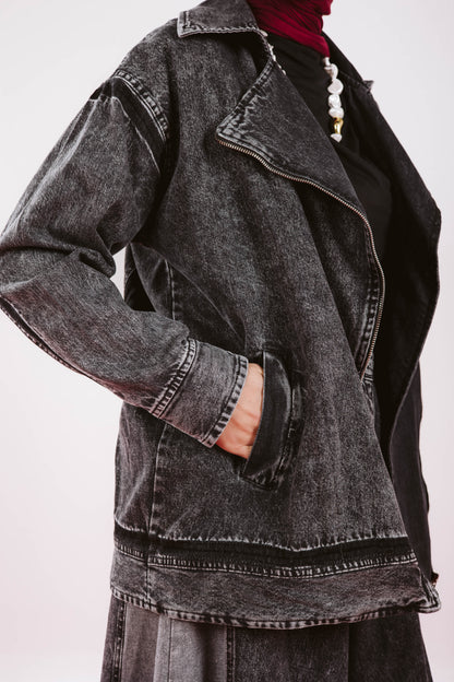 LONG OVERSIZE DENIM JACKET IN DARK GRAY