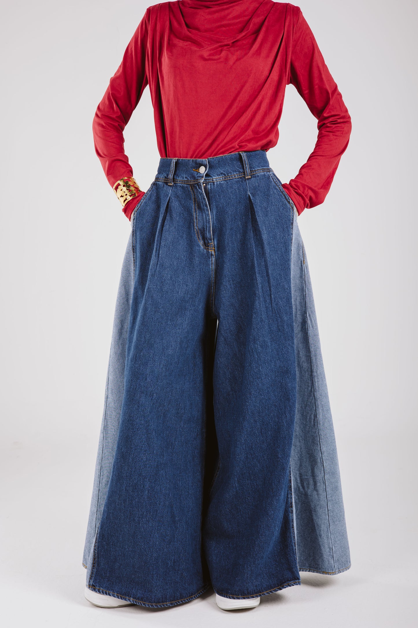 WIDE LEG COMBINATION JEANS IN DARK BLUE