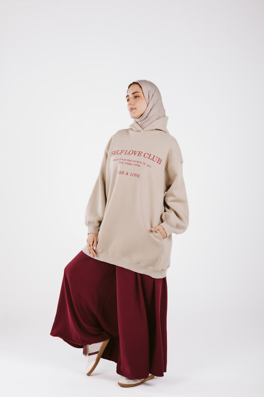 LONG EMBROIDERED HOODIE IN BEIGE